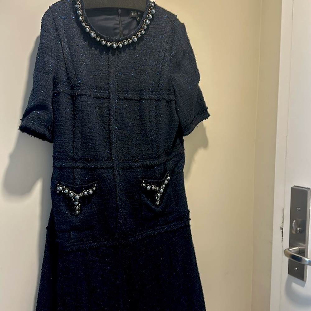 Teri Jon by Rickie Freeman Mettalic Navy Sheath Dress with pearl trim. size 12